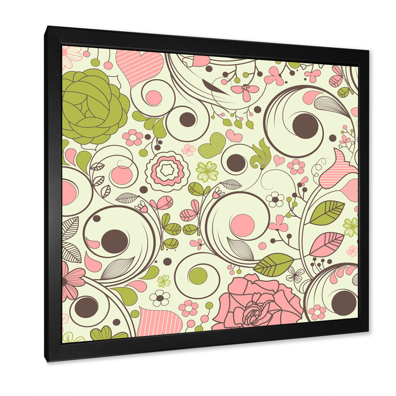 Fleurs rétro en rose et vert - art mural traditionnel sur toile, Impression noire sur toile encadrée