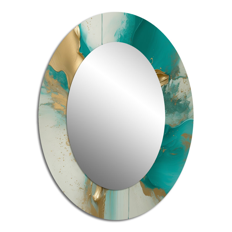 Marbre doré et turquoise Fuild Ink II - Grand miroir mural ovale sur métal, 40 po x 30 po