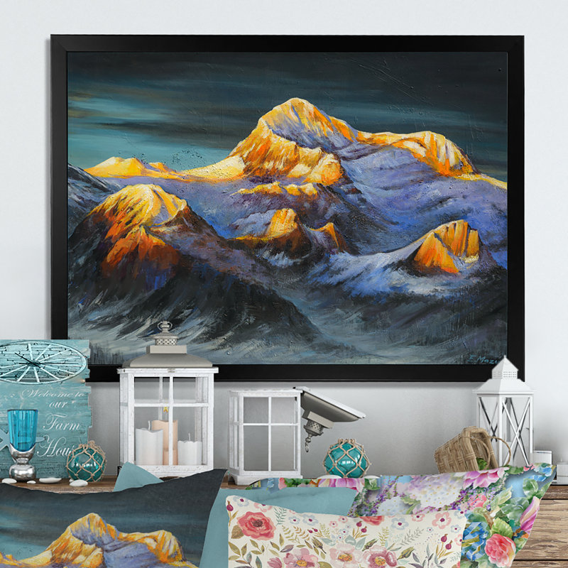 Orange et montagnes grises - cadre photo, impression sur toile, Cadre photo noir, H 8 po x l 12 po x P 1,5 po