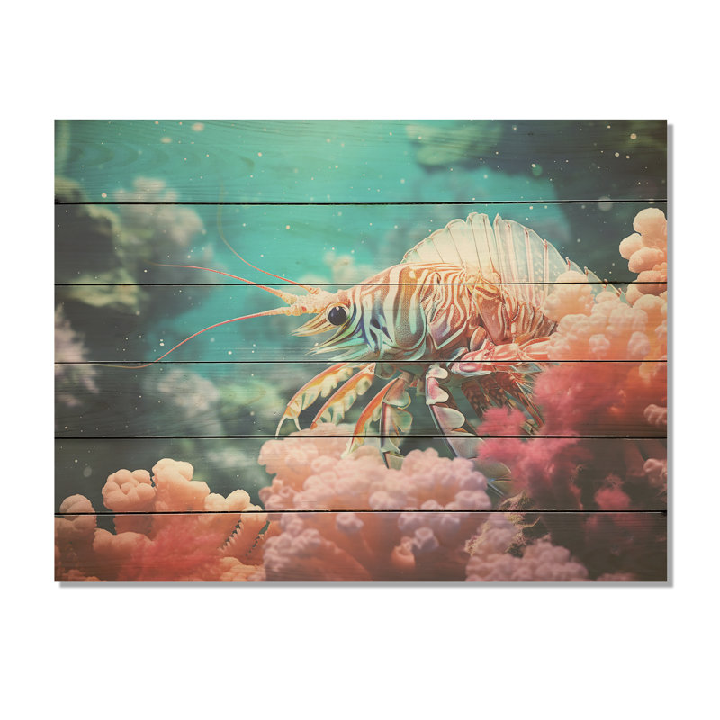 «Mantis Shrimp Dance I - Coastal Coral Under Water Wood», art mural sur bois de pin naturel, H 24 po x l 32 po