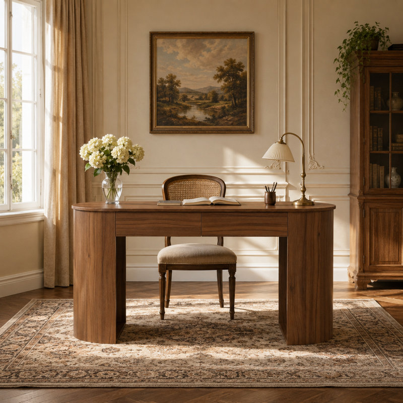 Bureau double moderne avec base demi-cylindre, bureau d'ordinateur et bureau avec tablette ouverte et 2 tiroirs, Noyer