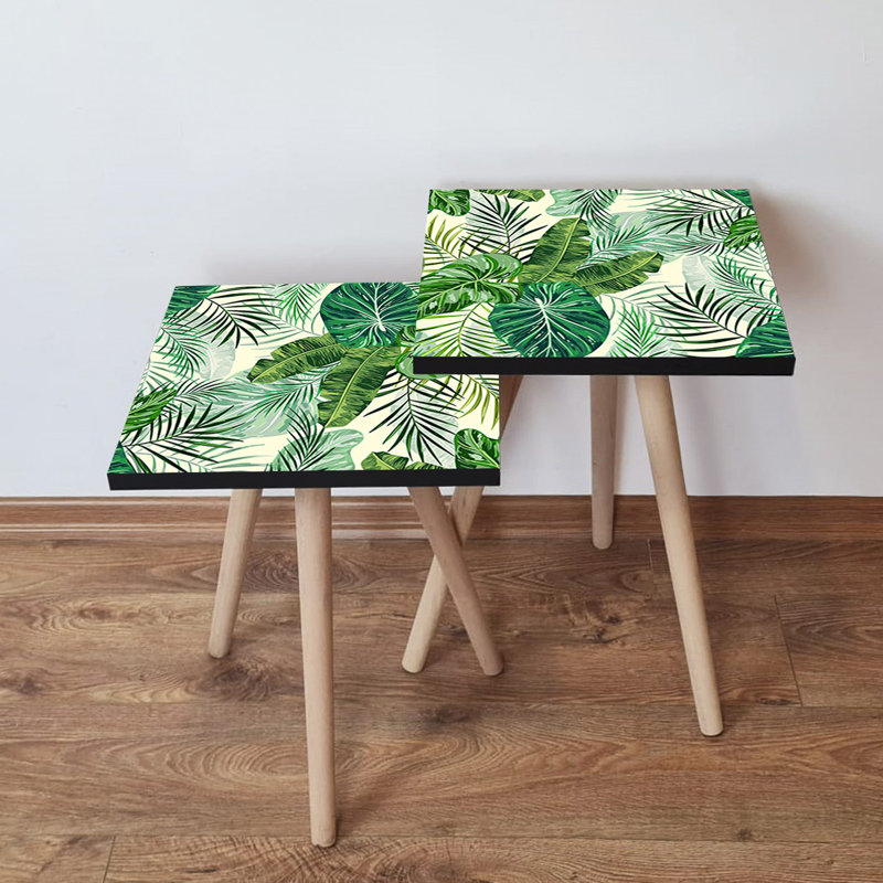 Ensemble de tables gigognes modernes (2 pièces), vert et blanc, 13,8 x 18,5 x 13,8 po et 13,8 x 16,5 x 13,8 po | 100% panneau de fibres à densité moyenne avec pieds en bois de hêtre, design floral élégant | Parfait pour le salon et la décoration intérieure