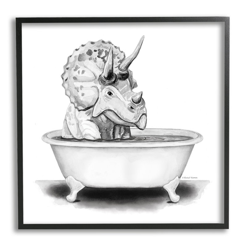 Drôle de dinosaure se baignant dans une baignoire, estampe numérique par Rachel Nieman, Giclée encadrée noir minuit