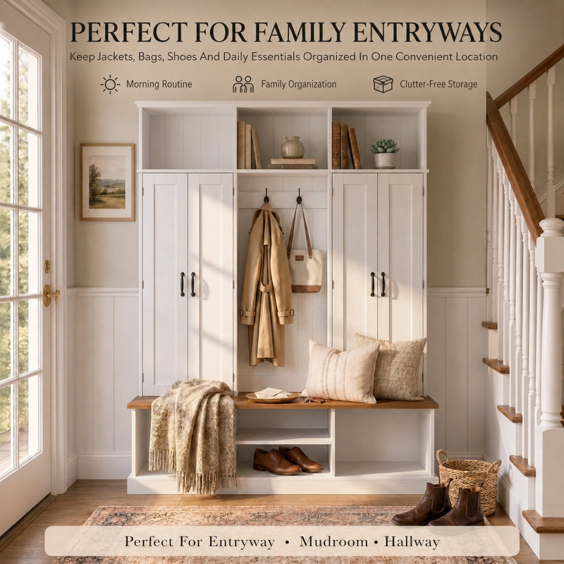 62" Hall Tree with Bench, 2 Side Storage Cabinets, 6 Coat Hooks, Open Cubbies & Shoe Storage, Farmhouse Entryway Organizer for Mudroom and Hallway