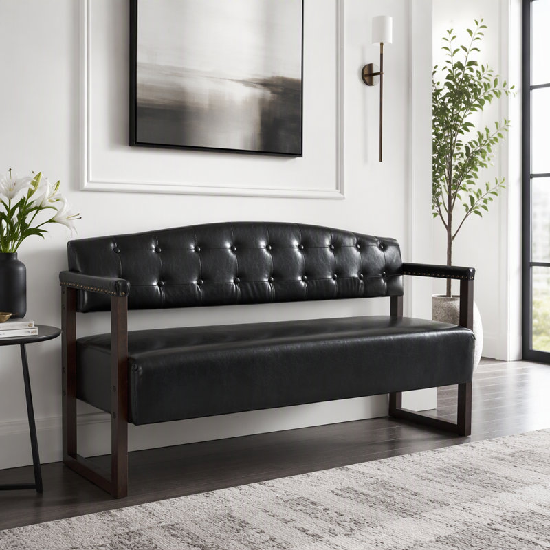 Banc de pièce, canapé de réception moderne de style Mid-Century 57,83 po avec dossier capitonné et garniture cloutée, Noir
