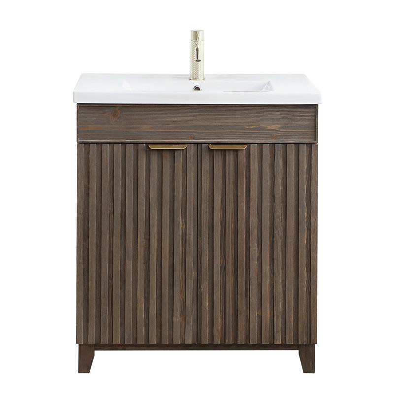 Dansfield 29.9'' Free Standing Single Bathroom Vanity with Ceramic Top, Spruce Antique Brown, Brushed Gold