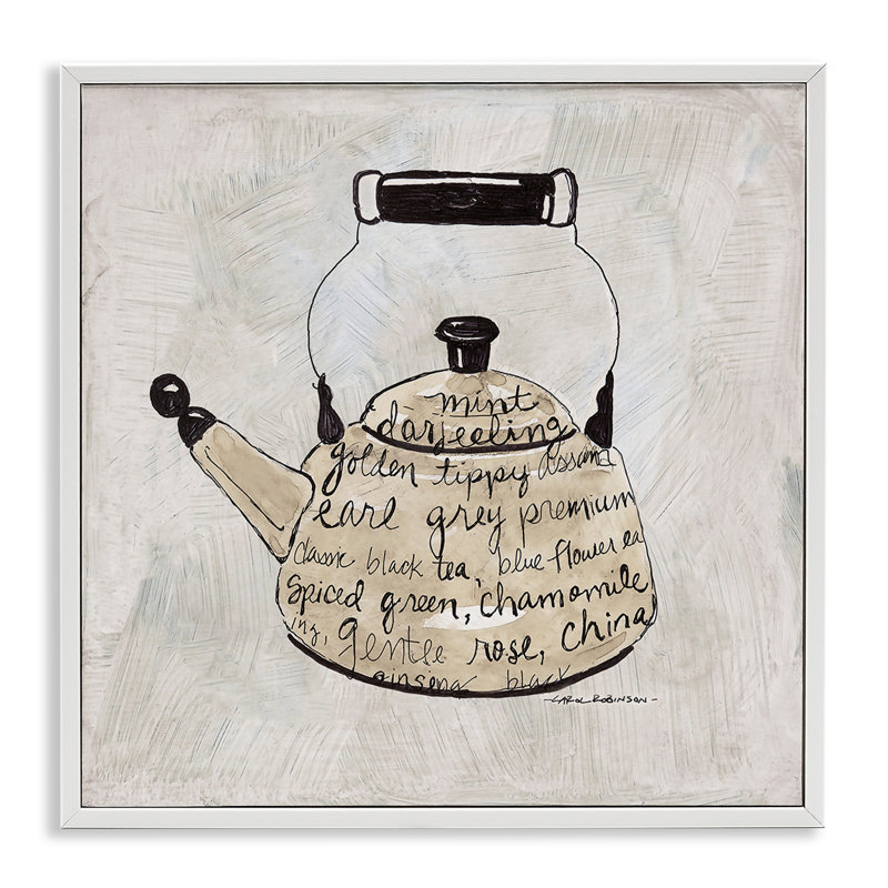 Thé types sur bouilloire, estampe numérique, design par Carol Robinson, H 17 po x l 17 po