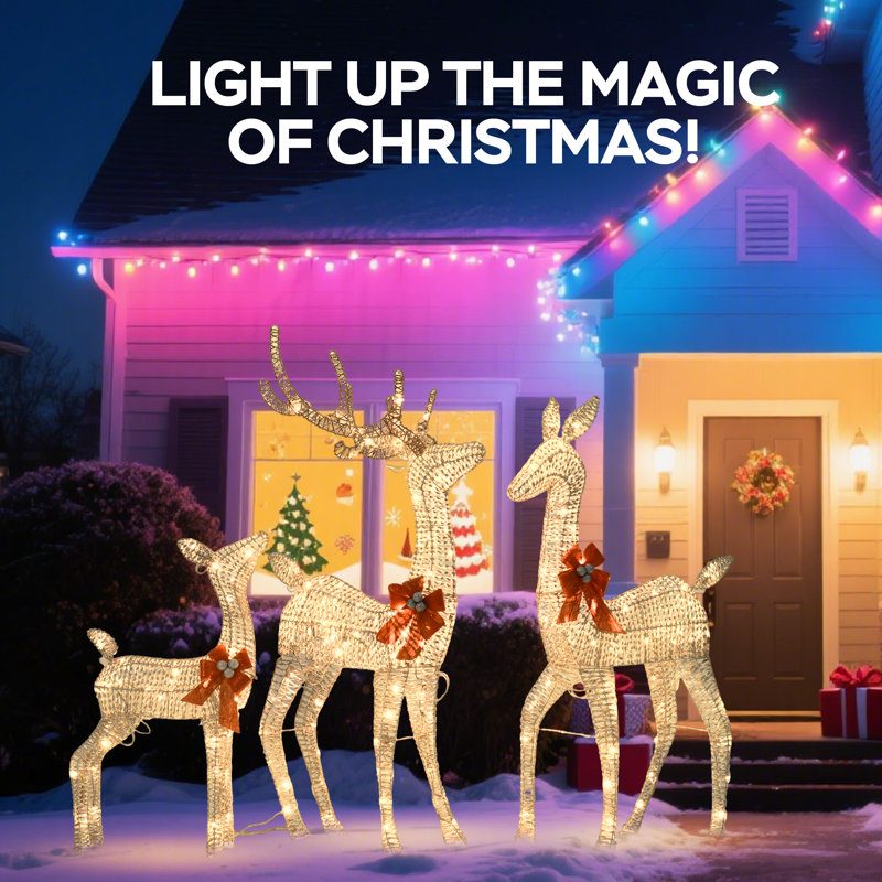 Light Up Deer Family Set Of 3, Outdoor Christmas Decorations, 63"/52"/37" Gold Reindeer With 210 Warm White LED, Christmas Deer Woven Rattan Deer With Bows, Indoor Outdoor Yard Lawn Xmas Decor