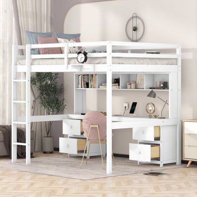 Lit mezzanine avec bureau, armoires, tiroirs et station de charge