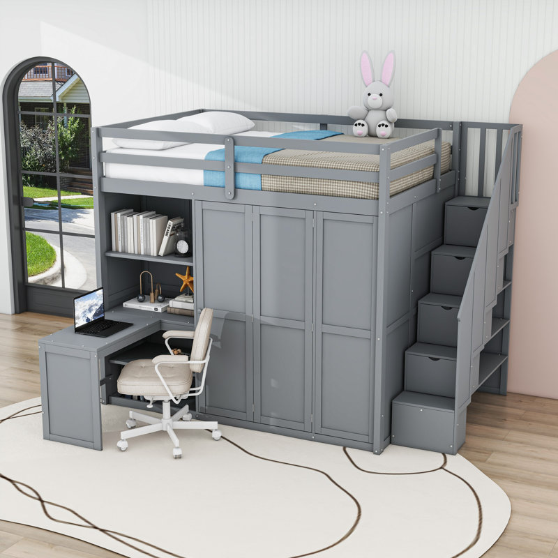 Lit mezzanine avec garde-robe, bureau et tablettes, Gris