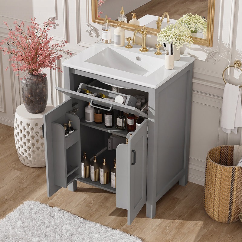 Ensemble de meuble-lavabo de 24 pouces avec lavabo en céramique, conception luxueuse peu encombrante et portes à fermeture en douceur