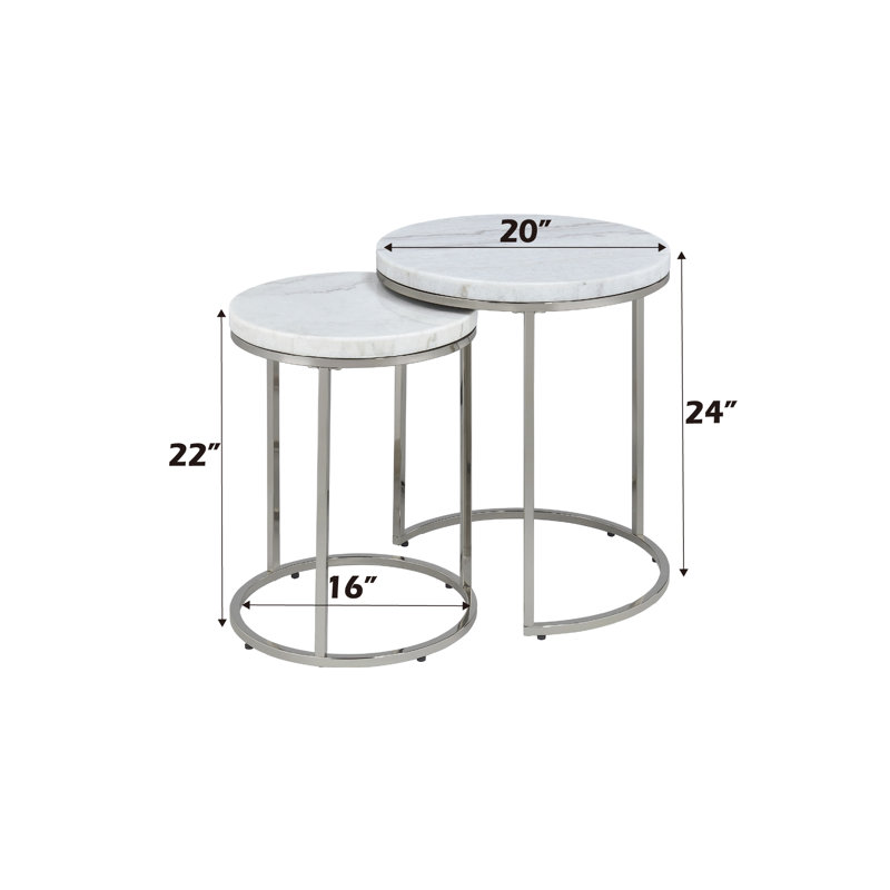 Matzen Contemporary Nesting Table Set with Natural Marble Top in Nickel