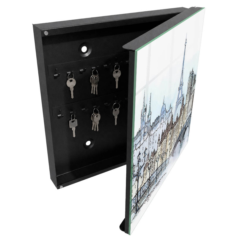 Key storage cabinet, Opens to the right, 30x30x5, Black, A city with a tower in blue and beige tones, 