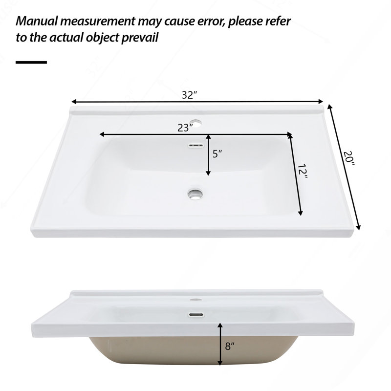 32"x20" White Rectangular Single Vanity Top(Sink Only)