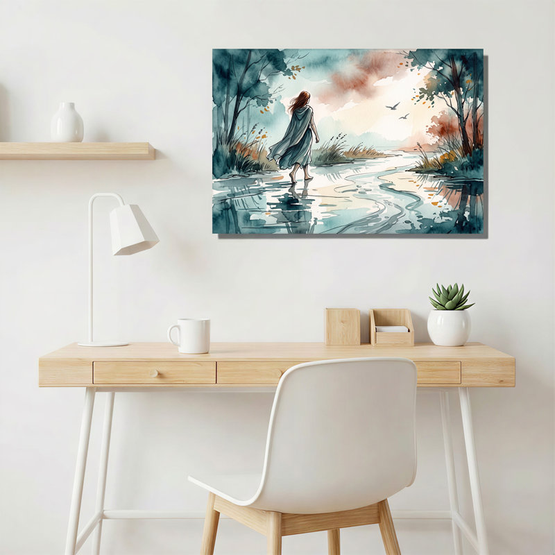Aquarelle, femme qui marche dans un ruisseau, art mural sur toile, 12"H x 18"W