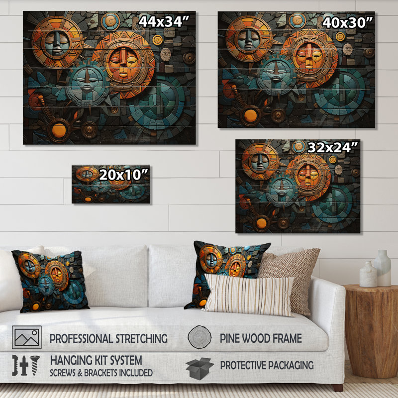 Impression de mosaïque africaine sur bois naturel, H 30 po x l 40 po x P 0,78 po