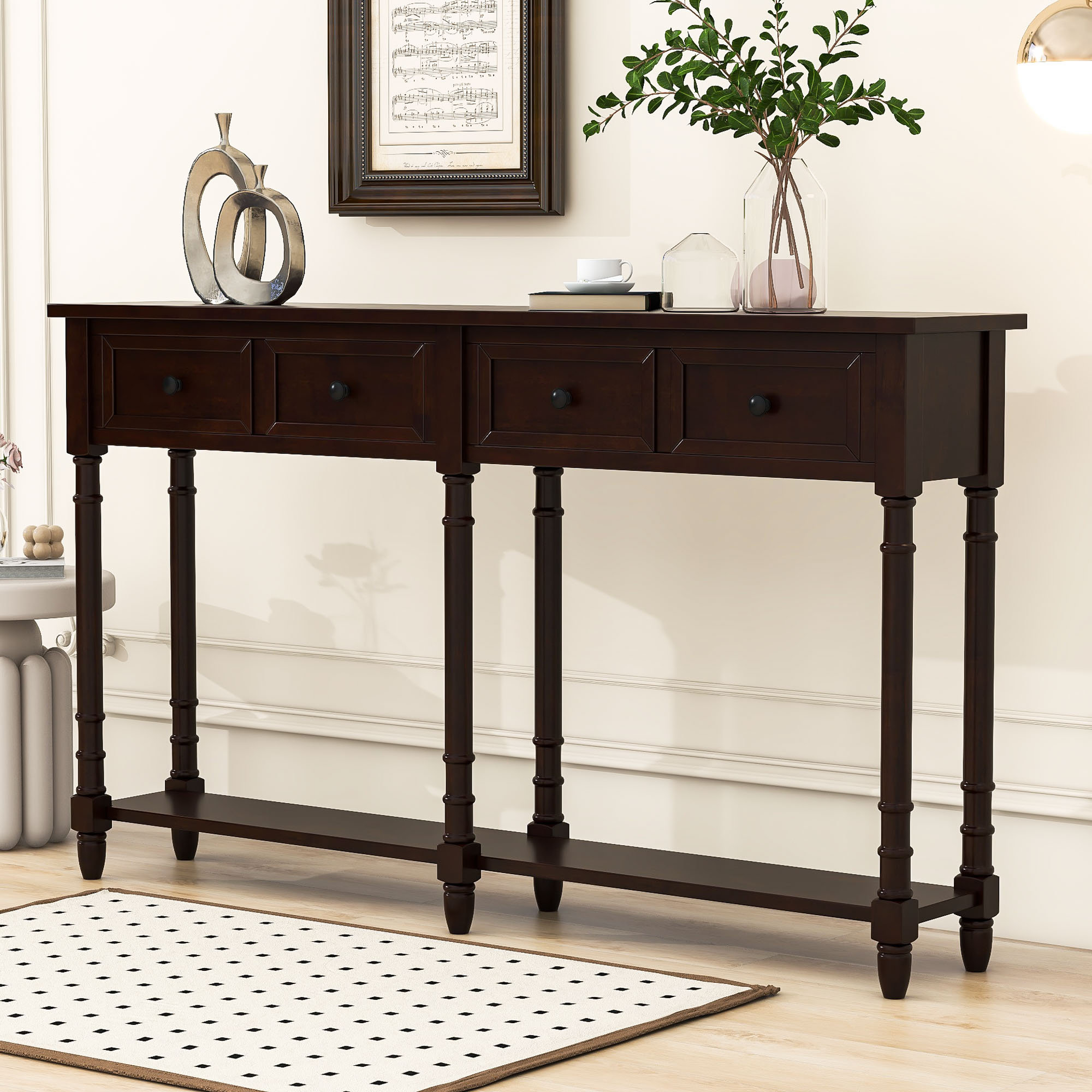 Alcott Hill Rustic Wood Console Table with Two Drawers and Bottom Shelf ...