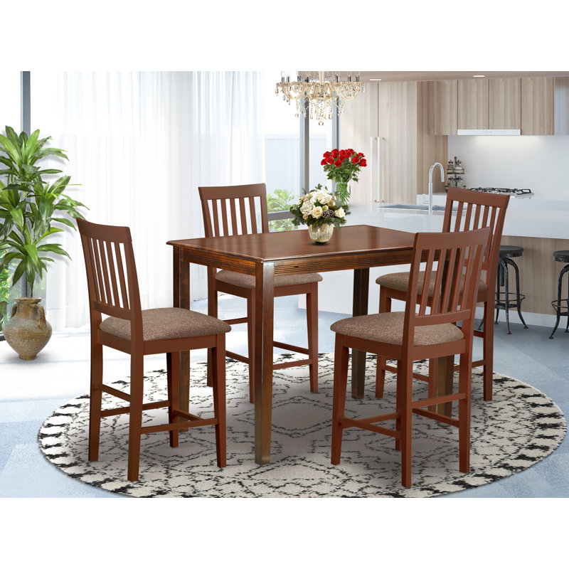 5 Piece Counter Height Pub Set Includes a Rectangle Dining Table and 4 Linen Fabric Kitchen Dining Chairs, Mahogany, Mahogany