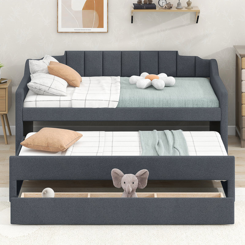 Upholstered Daybed With Trundle And Three Drawers, Gray