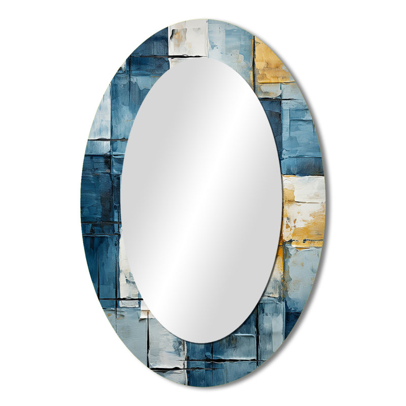 Cerulean Cubism Shapes I - Grand miroir mural ovale sur métal, 36 po x 24 po
