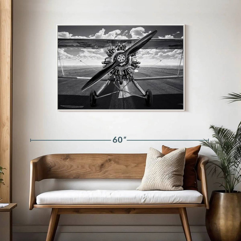 Avion rétro monochrome, Cadre flottant blanc, 43 po x 29 po