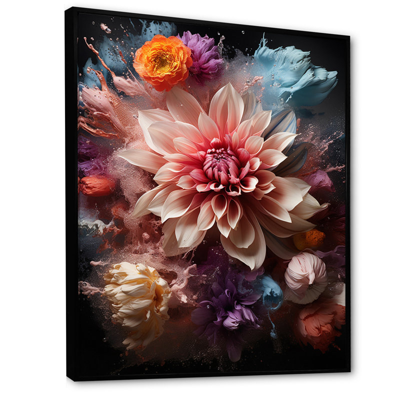 Collage de fleurs vibrantes de dahlia I - décoration murale Dahlia, 44" H x 34" W, Cadre flottant noir