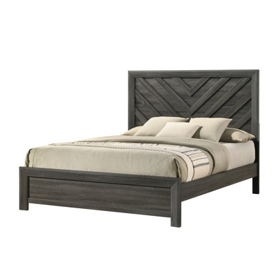 Structure de lit simple en bois massif avec tête de lit à motif géométrique au fini gris rustique, meubles contemporains et à motifs