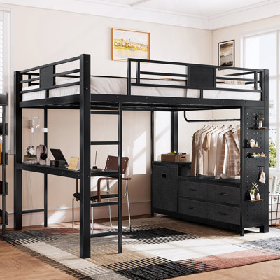 Queen Size Loft Bed With Desk & Shelves, Metal Loft Bed Frame