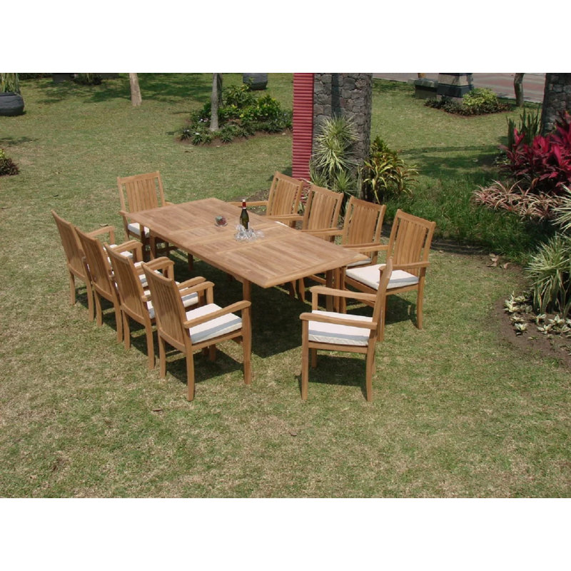 Mallorca 12 - Person Teak Wood Patio Dining Set with Rectangular Table, 10, 30.5" H x 94" L x 40" W