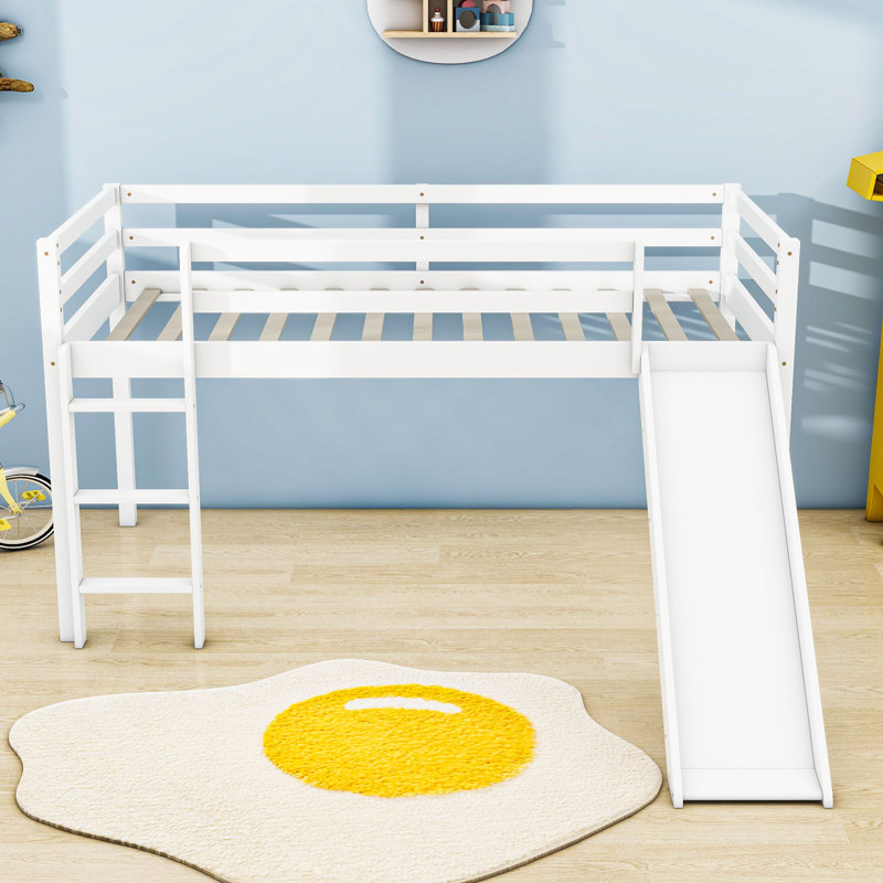 Twin Wood Low Loft Bed With Built-In Ladder And Slide, White