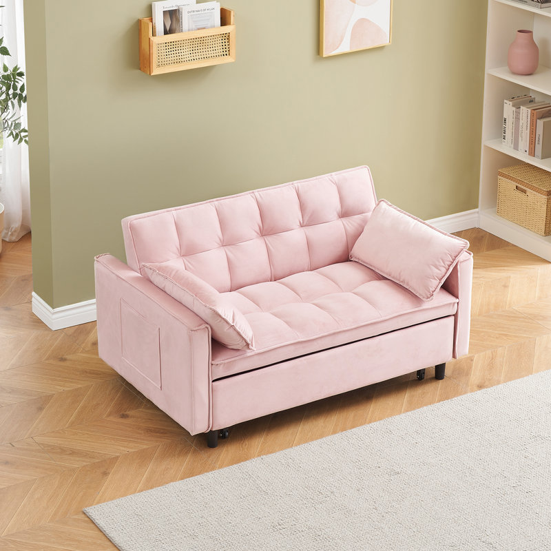Canapé-lit moderne de 55 po 3-en-1 avec deux coussins lombaires pour le salon et le bureau, Velours rose