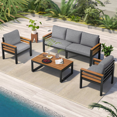 4-Piece Outdoor Furniture Sofa Set For 5 People With Acacia Wood Armrests, Patio Conversation Set With Removable Cushion And Solid Wood Coffee Table For Garden And Backyard