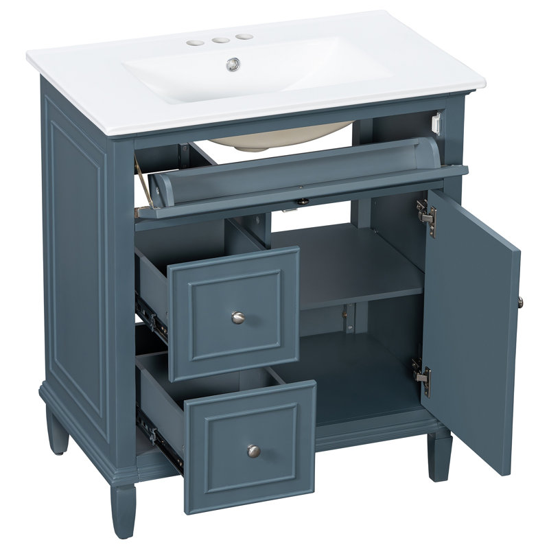 Meuble-lavabo avec lavabo, meuble-lavabo avec un tiroir rabattable et deux tiroirs, tablette réglable, bois massif et panneau de fibres à densité moyenne