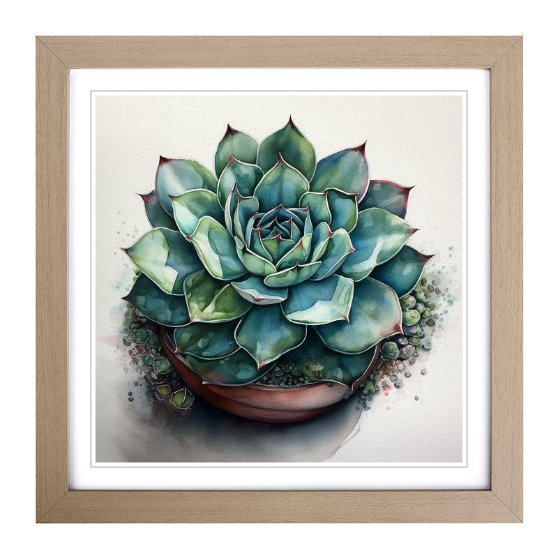 Succulent Watercolour - Framed Print, Oak