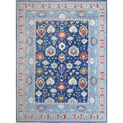 Tapis bleu clair et bleu noué à la main de haute qualité