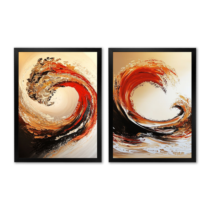 Golden and Red Coastal Waves I - ensemble de 2 décorations murales nautiques, H 32 po x l 48 po, Encadrement argenté