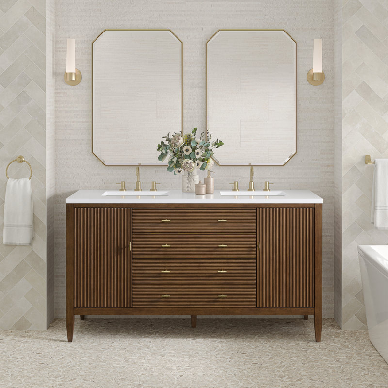 Myrrin 60'' W Double Vanity, Mid-Century Walnut, White Zeus, 8" Widespread