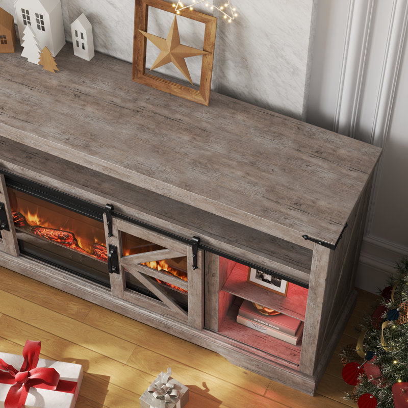Farmhouse Fireplace TV Stand For 85" TV With Led Light & Timer, Light Rustic Oak