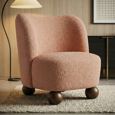 Fauteuil d'appoint à profil bas 28 po avec pieds en bois sculpturaux en bois naturel et silhouette arrondie, pour le salon et la chambre à coucher