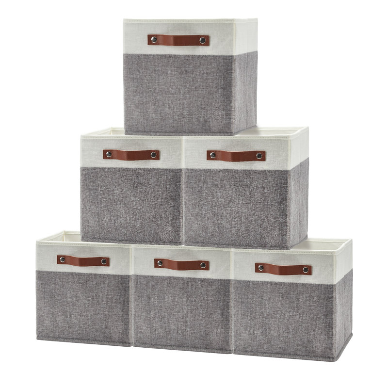 Linen Storage Bins 6-Pack, Foldable Open Bins with Leather Handles, Gray, 13x6x5 Inches, Gray/White