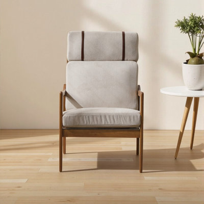 Modern Wood Frame Armchair - Sleek Design with Supportive Cushions & Decorative Straps