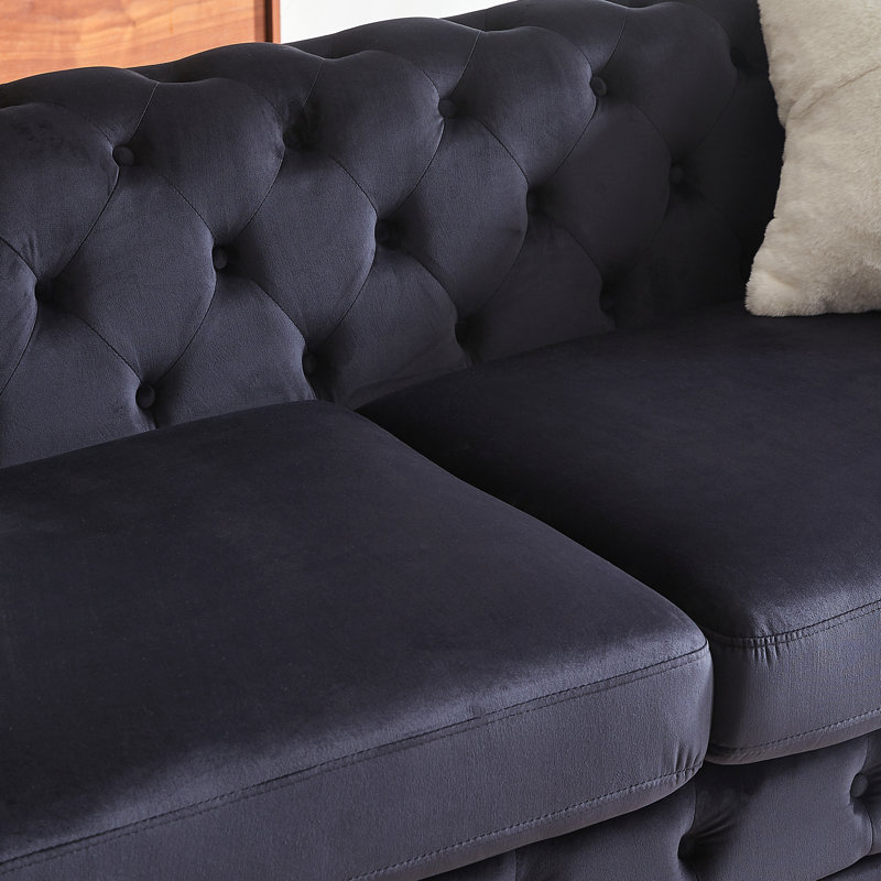 Canapé de luxe en velours avec boutons capitonnés Chesterfield avec 2 coussins et pieds en métal, 2, Noir