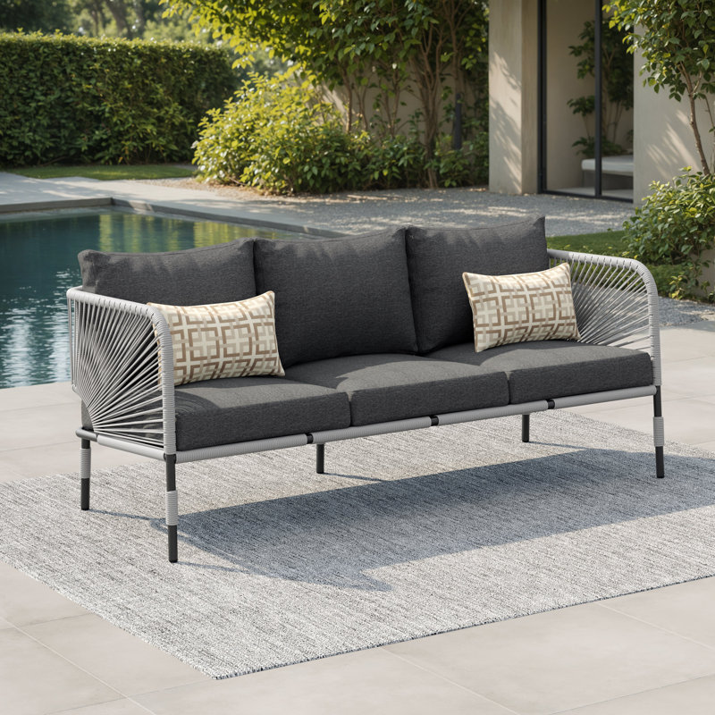 Aluminum & Wicker Outdoor Sofa With Cushions & Sunbrella Pillows, Gray, Gray