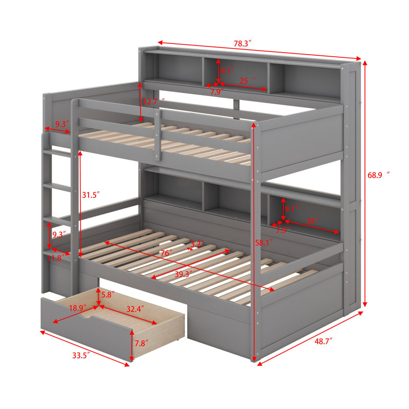 Kids Twin Bunk Bed with Drawers, Gray