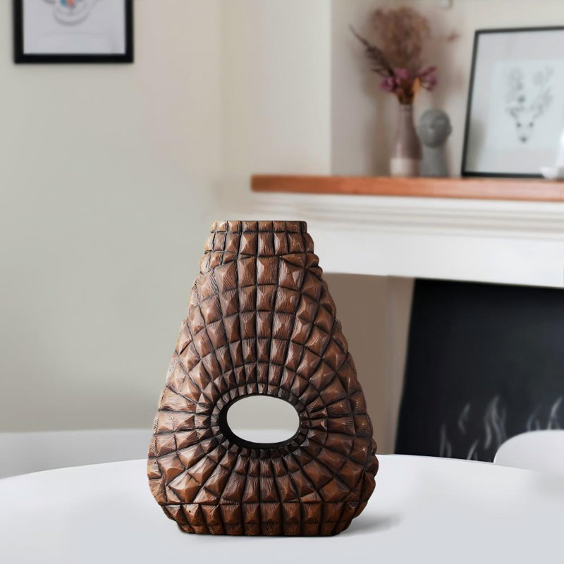 Vase de table antique en résine sculptée brun antique Sunburst