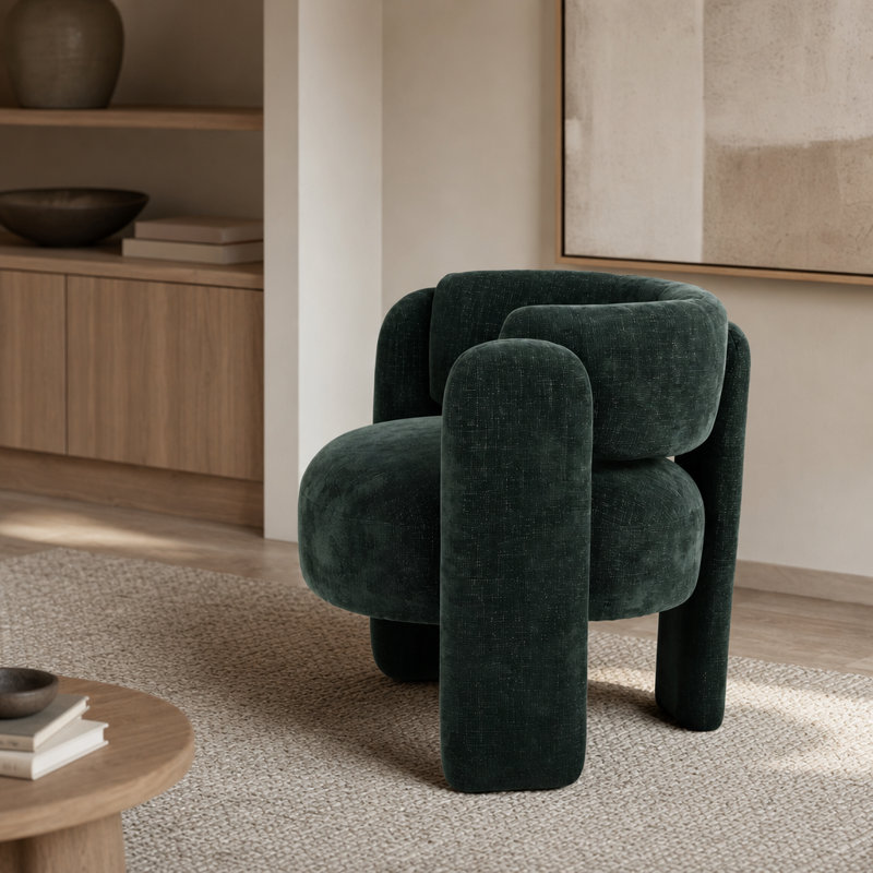 Chaise d'appoint moderne en tissu vert avec dossier arrondi et accoudoirs blocs