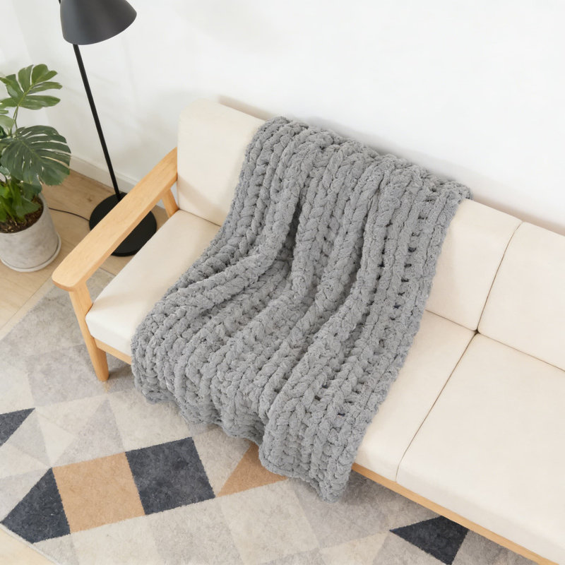 Jeté Chunky Knit Chenille, L 63 po x l 51 po, Gris foncé