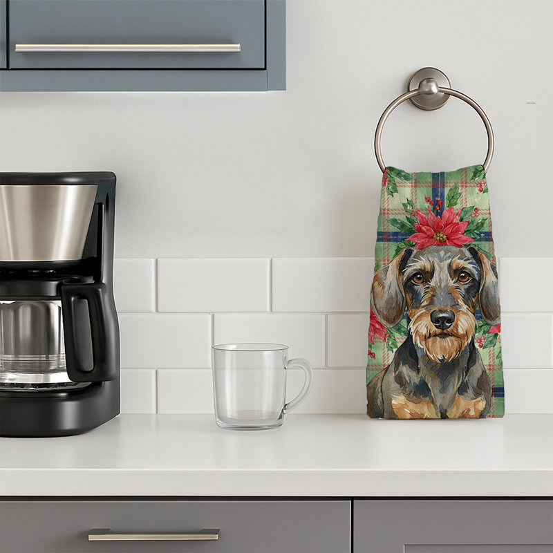 Wirehaired Wild Boar Dachshund Christmas PoinsettIas Kitchen Towel, Wirehaired Wild Boar Dachshund