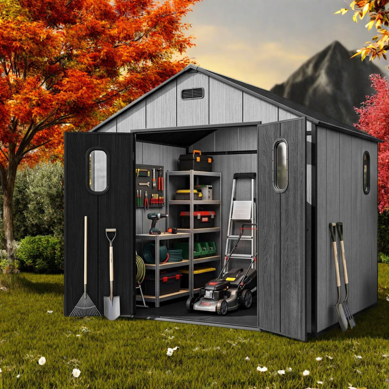 Spacious Storage Sheds, 8x6 Resin Steel Modern Backyard Organizer, 95.62*70.24*92.86
