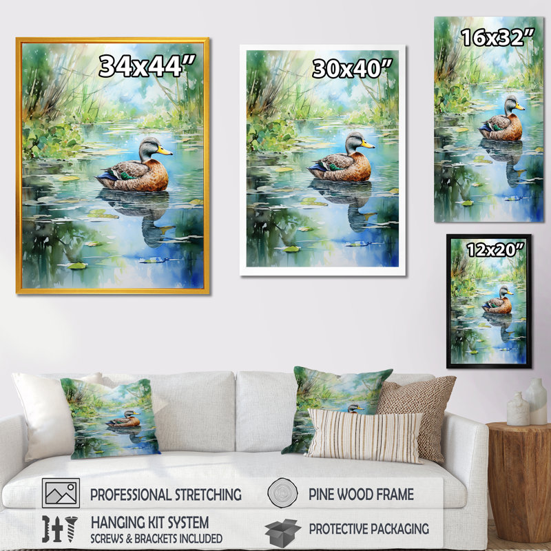Duck Pond Reflections III - Art mural animal de canard, Cadre flottant noir, H 32 po x l 24 po x P 1 po